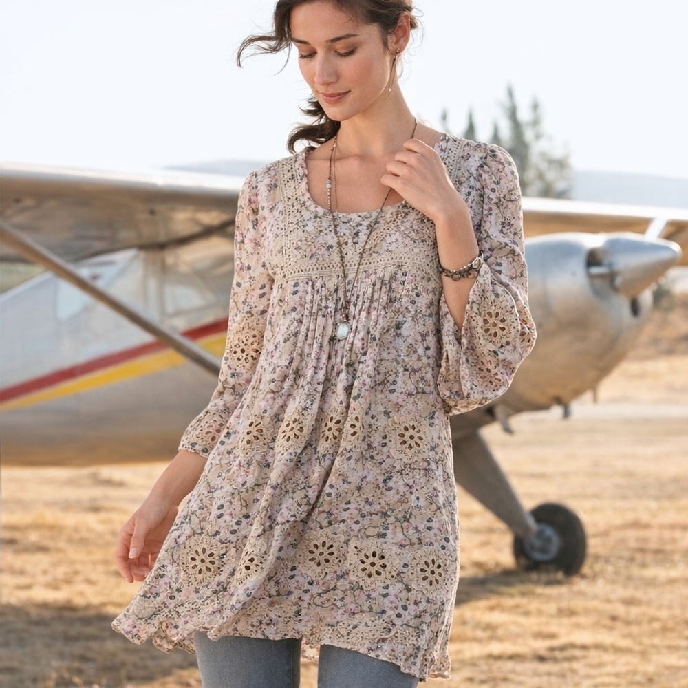 Sundance Floral Crochet-Trim Tunic in Blush Beige
